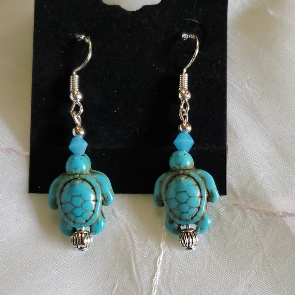 Turquoise Crystal Howlite Turtle Earrings